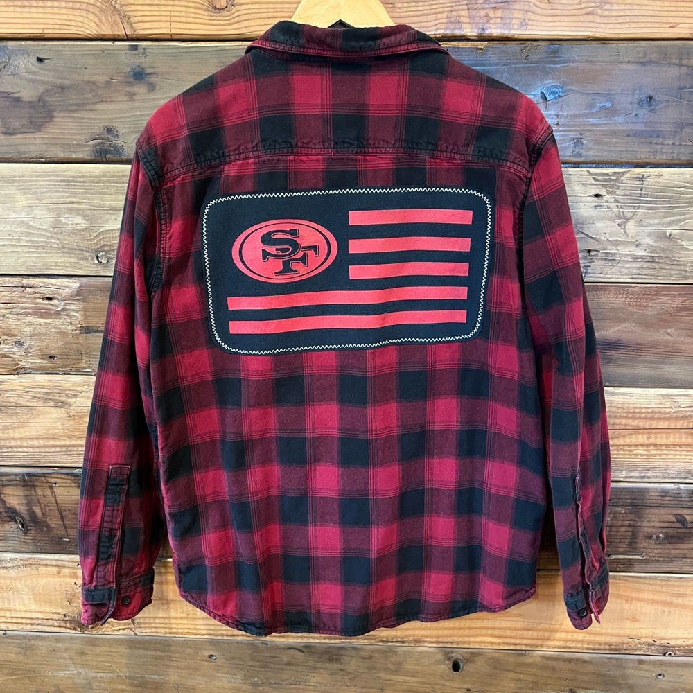 San Francisco 49ers One-of-a-Kind Columbia Custom MadAndie Plaid Unisex Shirt